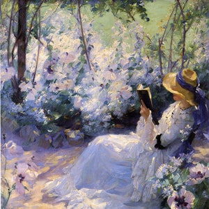 Delicious Solitude Woman Reading Book Summer Garden Trees Flowers 1909 Painting By Frank Bramley Repro Matte Paper or Canvas FREE S/H in USA
