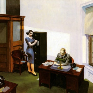 May include: A painting of a woman in a blue dress standing in an office, looking at a file cabinet. A man in a gray suit sits at a desk, looking at a document. The office has a wooden desk, a chair, a typewriter, and a window with a white blind.