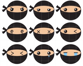 Kawaii Ninja Faces, Emoticons, Japanese Assasins Digital Clip Art For Planner Stickers, Scrapbooking, Journal, Art Pieces