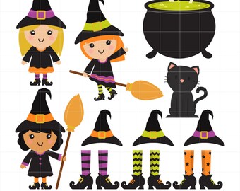 Cute Little Witches, Flying Broom, Halloween Party, Trick Or Treat Digital Clip Art For Planner Stickers, Scrapbooking, Journal, Art Pieces