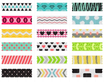 May include: A set of 16 digital washi tape designs featuring various patterns, including geometric shapes, hearts, polka dots, and stripes. The designs are in a variety of colors, including pink, blue, green, yellow, and black.