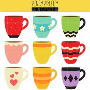 Puede incluir: Conjunto de nueve tazas de café coloridas con varios patrones. Las tazas son todas del mismo tamaño y forma, y tienen un fondo blanco con diseños de diferentes colores. Los diseños incluyen lunares, rayas, corazones y formas geométricas.