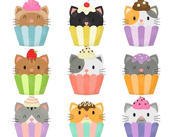Kitty Cupcakes, Birthday Party, Kitties Digital Clip Art For Planner Stickers, Scrapbooking, Journal, Art Pieces