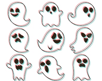 3D Ghosts Retro Style, Line Art, Halloween Digital Clip Art For Planner Stickers, Scrapbooking, Journal, Art Pieces