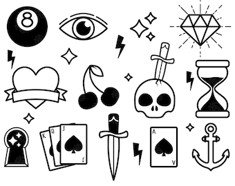 Retro Tattoo Simple Designs And Outlines Digital Clip Art For Planner Stickers, Scrapbooking, Journal, Art Pieces