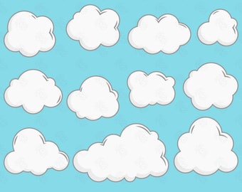Cloud With Outlines, White Fluffy Clouds Collection Digital Clip Art For Planners, Scrapbooking
