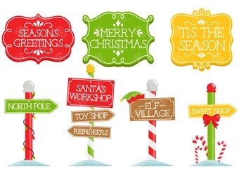 Christmas Signs, North Pole Labels Digital Clip Art For Planner Stickers, Scrapbooking, Journal, Art Pieces