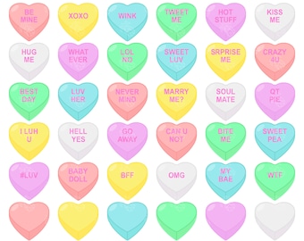 Conversation Hearts, Love Notes, Sweet Candies Digital Clip Art For Sticker Planners, Scrapbooking, Art Journal