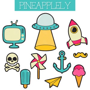 Puede incluir: Un conjunto de nueve ilustraciones de dibujos animados coloridos, que incluyen un televisor, una nave espacial, un cohete, una calavera y huesos cruzados, una veleta, un ancla, un bigote, un cono de helado y una paleta de hielo. Las ilustraciones están delineadas en negro y rellenas de colores brillantes.