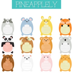May include: Set of 12 printable animal-themed notepads with lined paper. Each notepad features a different animal, including a panda, fox, monkey, and koala, in a cute cartoon style. The notepads are perfect for taking notes, writing lists, or leaving messages.