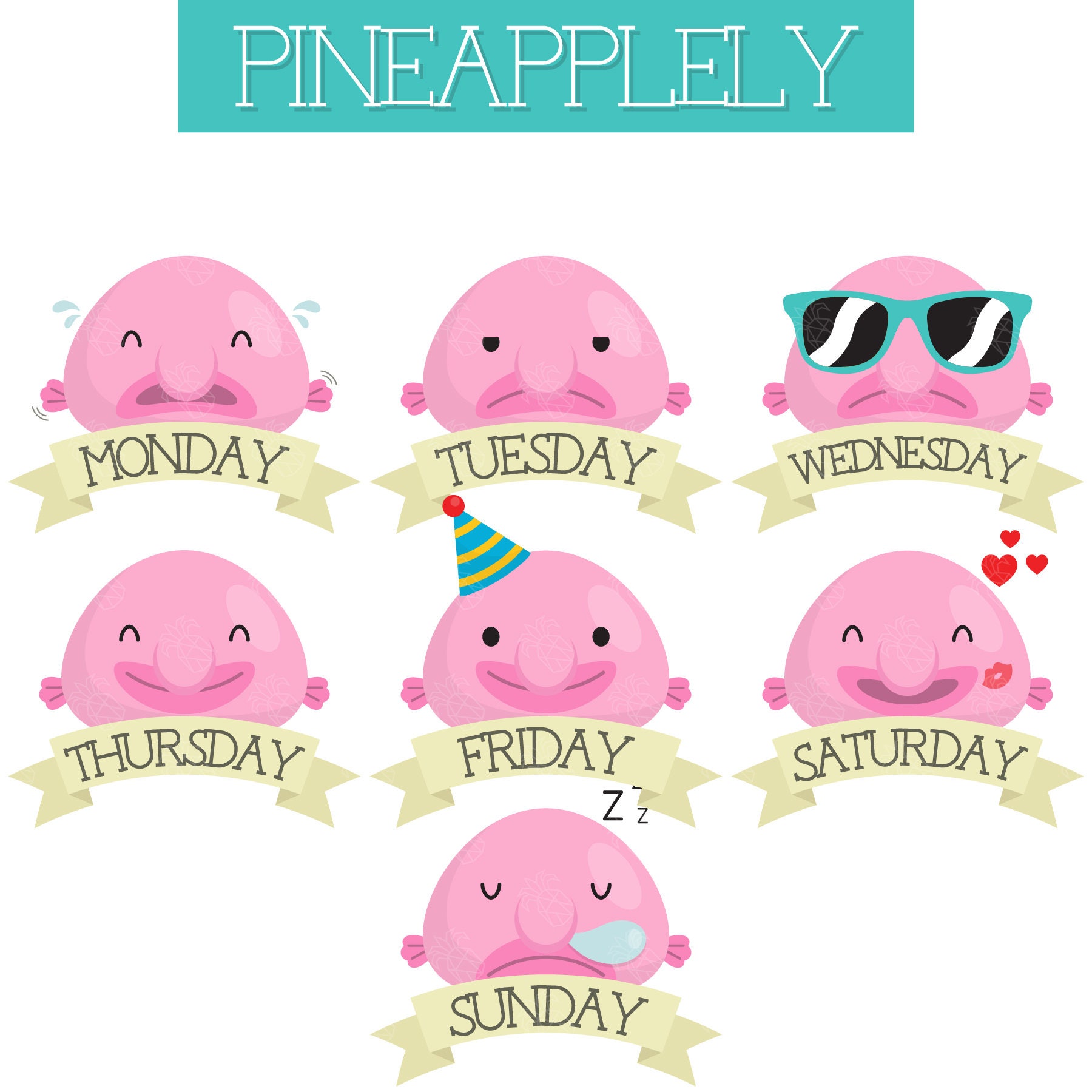 曜日ブロブフィッシュ、カレンダー、スケジュール、感情デジタルクリップ アート、ステッカー プランナー、スクラップブック、アート ジャーナル用 -  Etsy 日本, image size:1800x1800