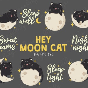 Moon Cat, Good Night, Night Time, Sleeping Cat Digital Clip Art For Planner Stickers, Scrapbooking, Journal, Art Pieces