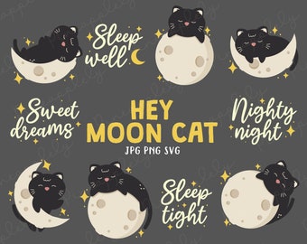Moon Cat, Good Night, Night Time, Sleeping Cat Digital Clip Art For Planner Stickers, Scrapbooking, Journal, Art Pieces