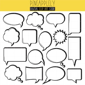 May include: A set of 14 black and white speech bubbles with different shapes and sizes. The bubbles are outlined in black and have a white interior. They are perfect for adding dialogue or thought bubbles to your digital designs.