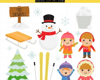 Winter Kids, Snow Playing, Snowman, Sled, Snowflakes Digital Clip Art For Planner Stickers, Scrapbooking, Journal, Art Pieces