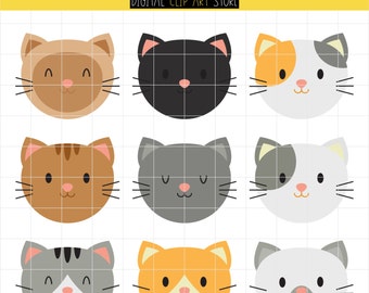 Kitty Faces, Emoticons, Cat Lady, Cat Faces, Home Pet Digital Clip Art For Planner Stickers, Scrapbooking, Journal, Art Pieces