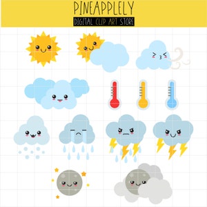 Cute Weather Elements, Weather Forecast, Season Cycle Digital Clip Art For Planner Stickers, Scrapbooking, Journal, Art Pieces