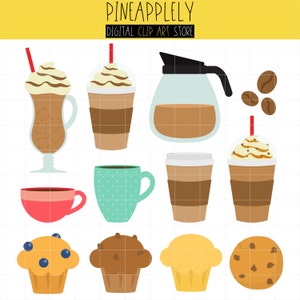 May include: A set of digital clip art images featuring coffee and baked goods. The set includes a coffee pot, iced coffee, hot coffee, a mug, a cookie, and muffins. The images are in a cartoon style and are perfect for use in digital projects.