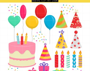 Birthday Party, Cake, Party Hats, Colorful Candles, Celebration Digital Clip Art For Planner Stickers, Scrapbooking, Journal, Art Pieces