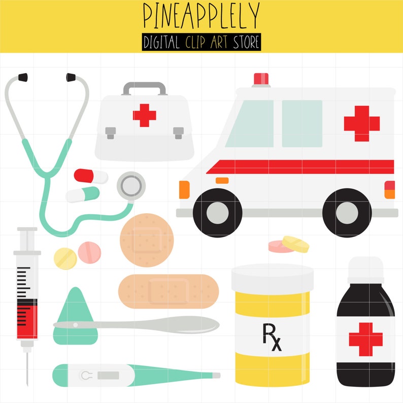 Hospital Medical Equipment And Ambulance, Medicine Digital Clip Art For Planner Stickers, Scrapbooking, Journal, Art Pieces image 1