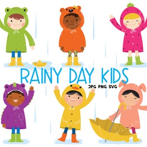 Rainy Day Kids,Rainy Day,Rain Coats, Umbrella, Rainy Digital Clip Art For Planner Stickers, Scrapbooking, Journal, Art Pieces