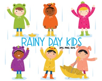 Rainy Day Kids,Rainy Day,Rain Coats, Umbrella, Rainy Digital Clip Art For Planner Stickers, Scrapbooking, Journal, Art Pieces