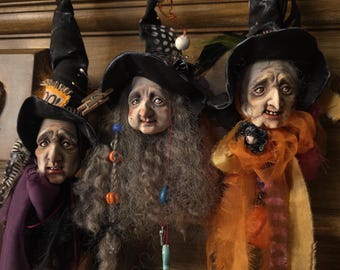 Bambola artistica in argilla polimerica OOAK di Halloween, zucca, teste di strega, ornamenti