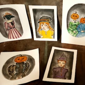 Dipinto originale Acquerello Streghe di Halloween Set di cinque miniature Streghe di Halloween e ragazze zucca