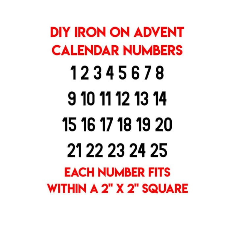 Christmas Advent Numbers 1 to 25 Iron-On Fabric Glitter Sticker CALENDAR 2/" 1/"