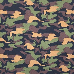 May include: Camouflage pattern fabric in shades of green, brown and tan. The pattern is made up of irregular shapes and swirls.
