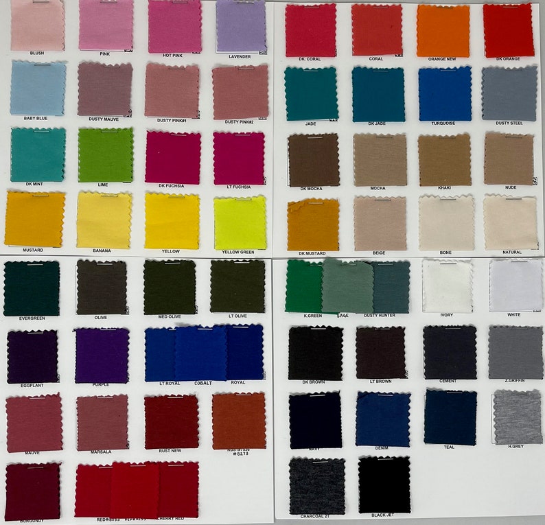 May include: A colour chart with 64 fabric swatches, each with a name label. The swatches are arranged in rows and columns, and the colours range from light to dark, and from cool to warm.