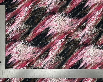 May include: Abstract fabric with a pink, black, and gold pattern. The fabric has a brushed look with a subtle animal print.