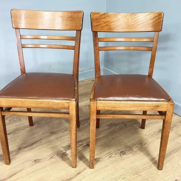 Pair of Vintage Dining Chairs Tan Leatherette Sprung Padded Seats