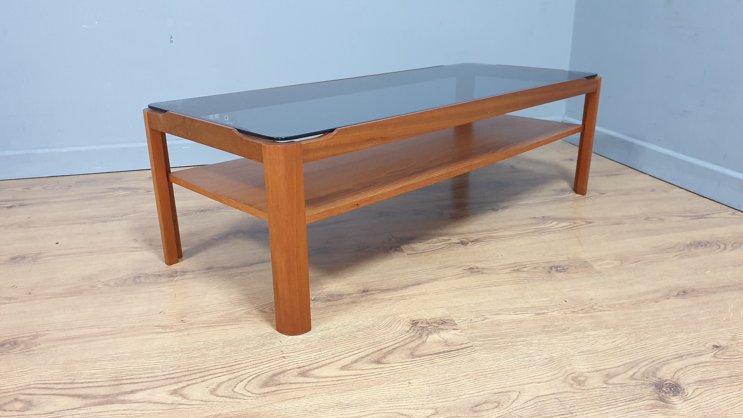 Mid Century Smoked Tinted Glass Rectangular Teak Coffee Table Etsy