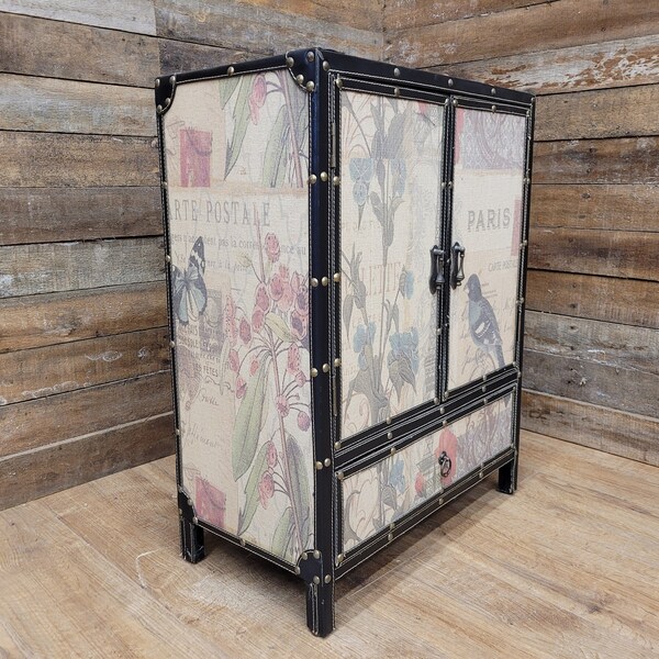 Vintage Fabric Covered Double Door Cupboard With Drawer