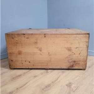 May include: A rectangular wooden chest with a hinged lid. The chest is made of light-coloured wood with visible grain and knots. It sits on a wooden floor against a blue wall.