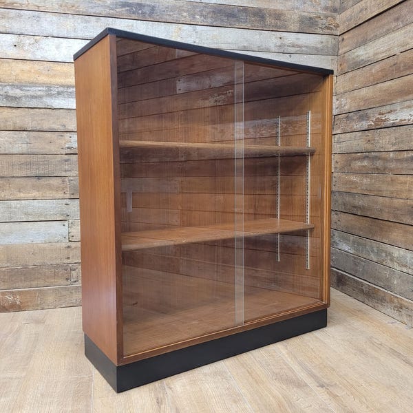 Mid Century Up Cycled Teak Glazed Bookcase Two Adjustable Shelves Black Detail