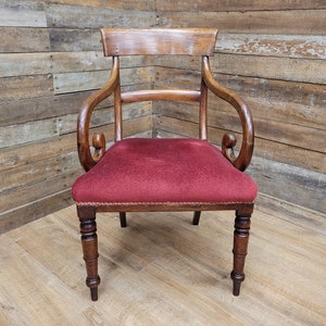 Antique Victorian Mahogany Country House Elbow Chair Red Velvet Seat Pad