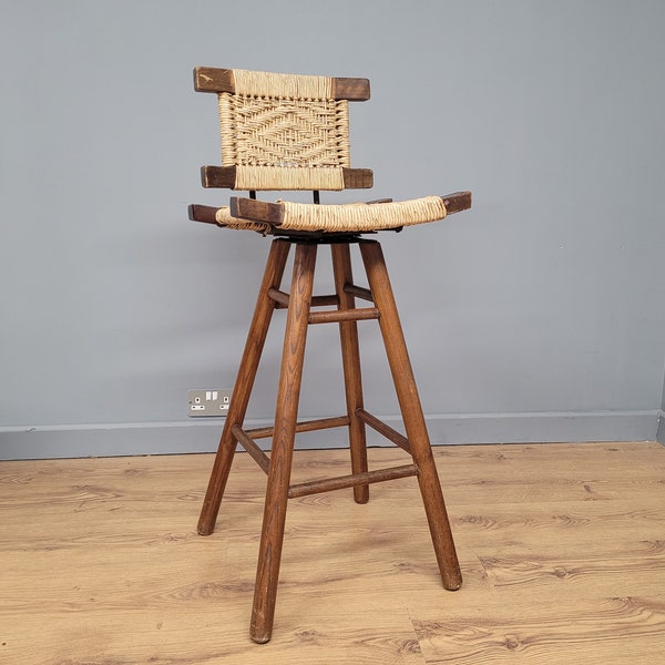 Retro Mid Century Swivel Stool Reed Rush Wicker Seat Backrest