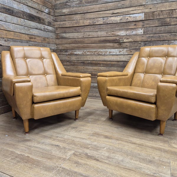 Pair Mid Century 1970s Saddle Style Armchair Tan Leatherette Uber Cool