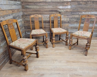 Four Vintage Oak Dining Chairs Upholstered Seats Turned Acorn Feature Legs