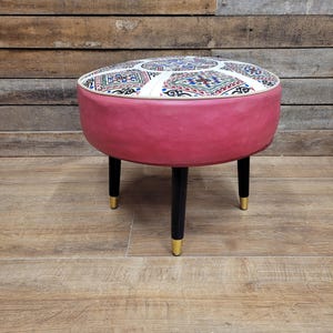 Mid Century Round Faux Leather Ottoman Footstool Atomic Pattern