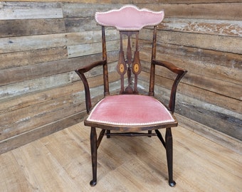Victorian Mahogany Bedroom Hall Chair Inlaid Detail Turned Legs Pink Upholstery