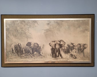 Vintage Mid Century 1960s David Shepherd Elephants At Amboseli Framed Print