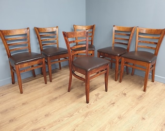 Six Vintage Dining Chairs Faux Brown Leather Seats Curved Ladder Backs