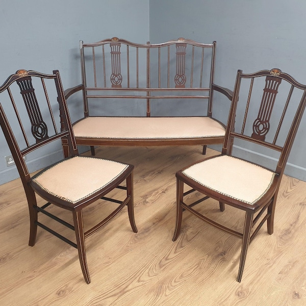 Edwardian Saloon Sofa Two Chair Suite Fret Back Inlaid Marquetry Detailing