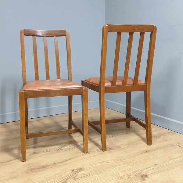 Pair of Vintage Slat Back Kitchen Dining Chairs Leatherette Seats - Project?