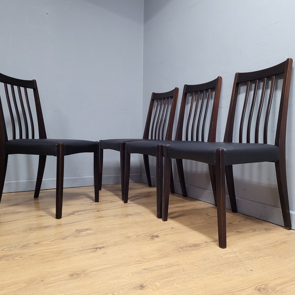 Four Retro Style Mid Century Slat Backed Dining Chairs Black Leatherette Seats