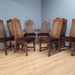 Eight Vintage Bergere Rattan Backed Dining Chairs Brown Padded Seats Two Carvers