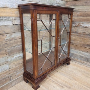 Vintage Flame Mahogany Glazed Display Cabinet Bookcase Adjustable Glass Shelves